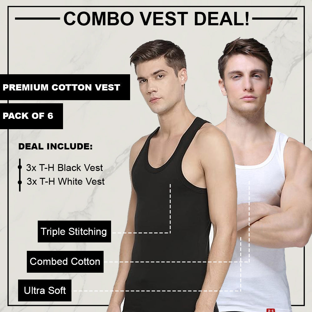 Men,s Essential Premium Vest Deal of 6 (3 Black, 3 White)