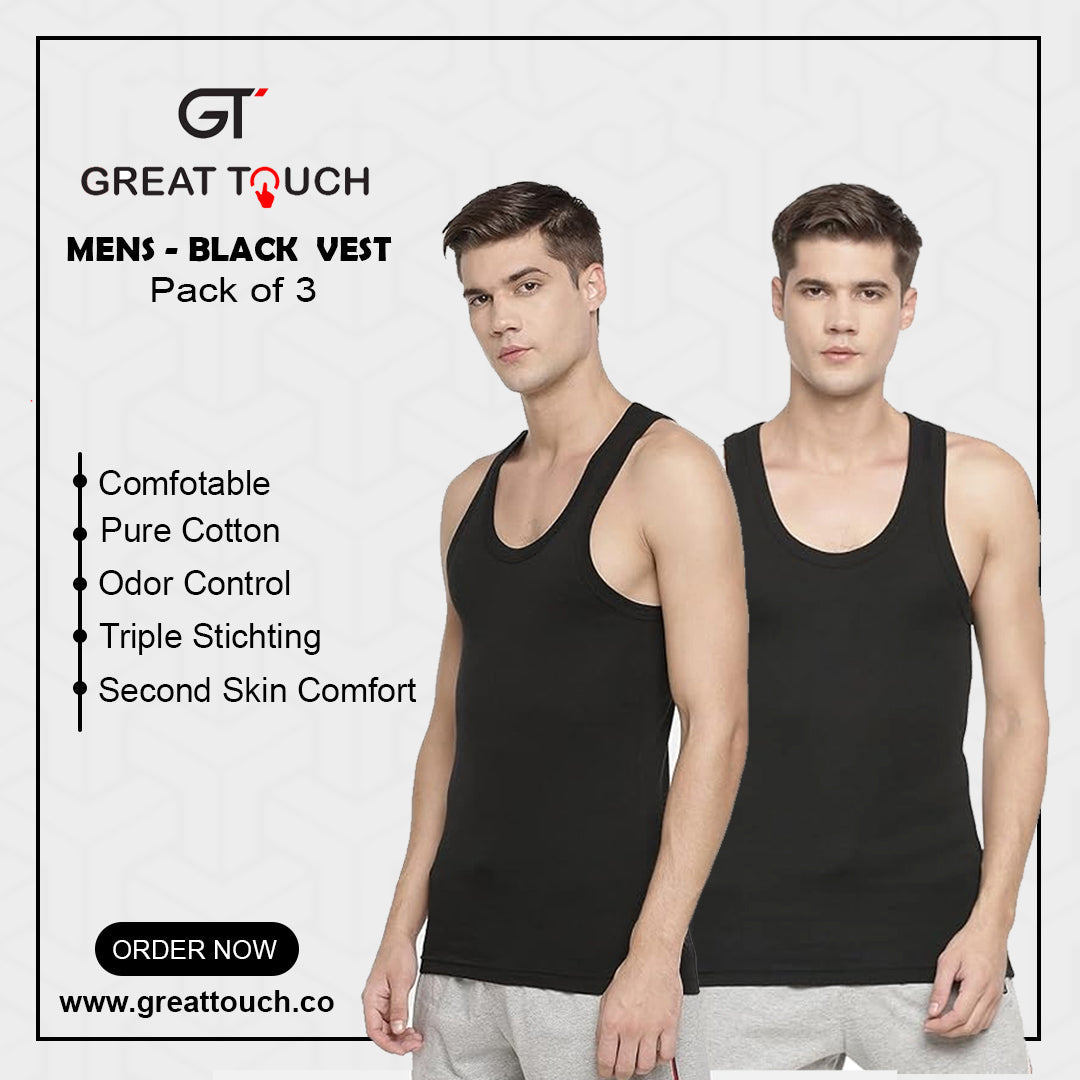 GT Men’s Black Premium Vest – Pack of 3